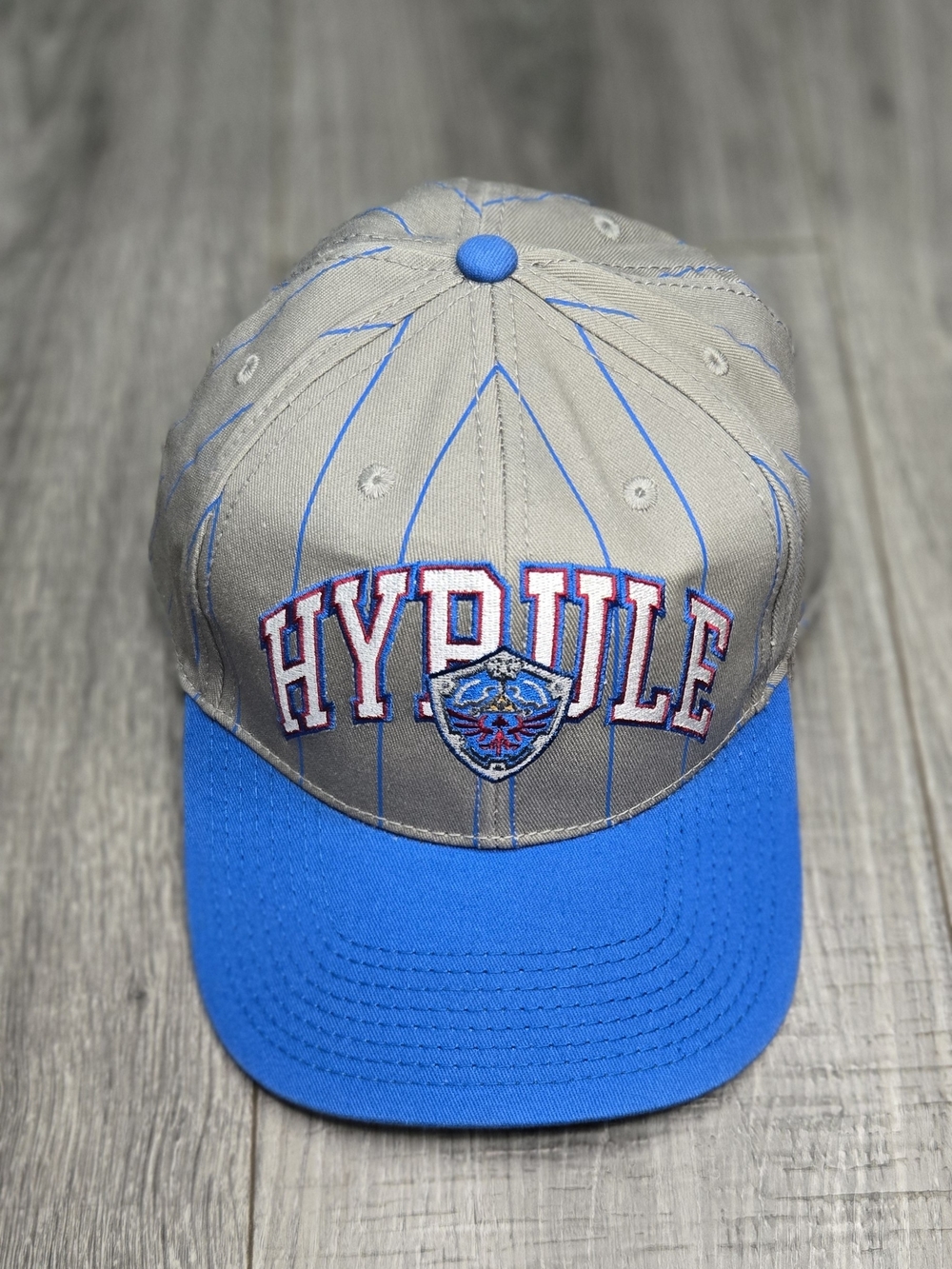 The Legend of Zelda Hyrule Gray Blue Pinstripe Snapback Hat Nintendo Gaming Cap